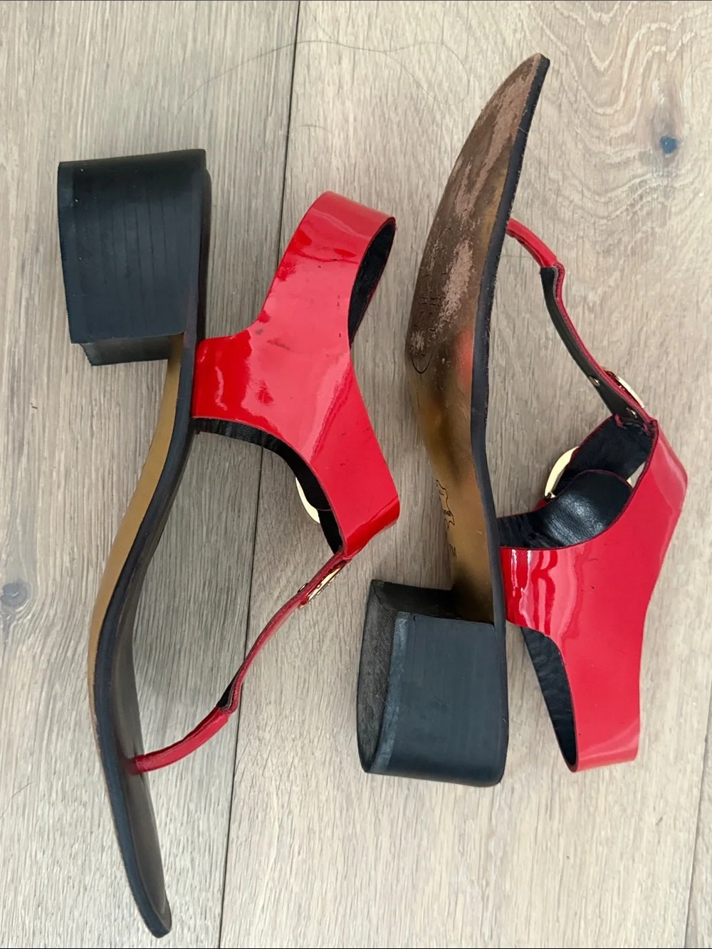 Tory Burch Red Patent Leather T-Strap Sandals with Gold Logo